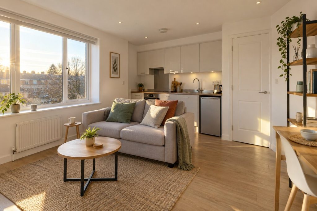 Living room in a compact new-build studio-style flat, light and minimal