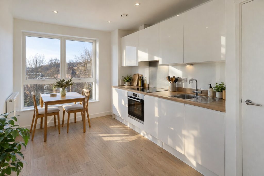 Kitchen in a compact new-build studio-style flat, light and minimal