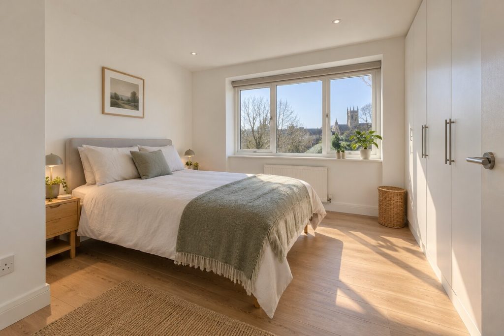 Bedroom in a compact new-build studio-style flat, light and minimal