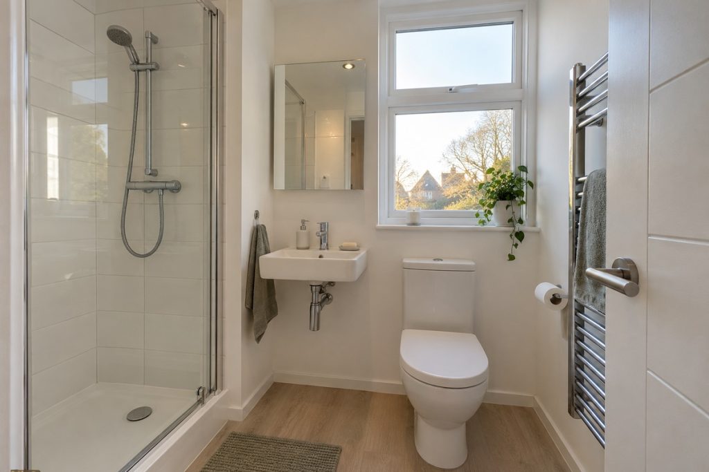 Bathroom in a compact new-build studio-style flat, light and minimal