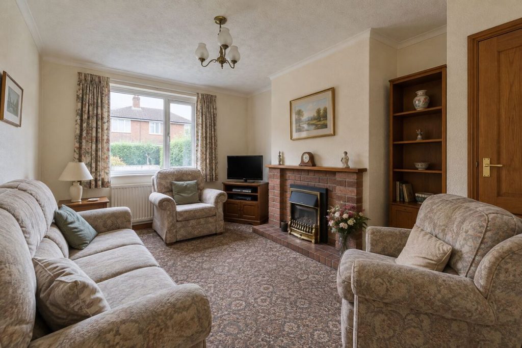 Living room in a dated but clean Victorian terrace, magnolia walls and older kitchen