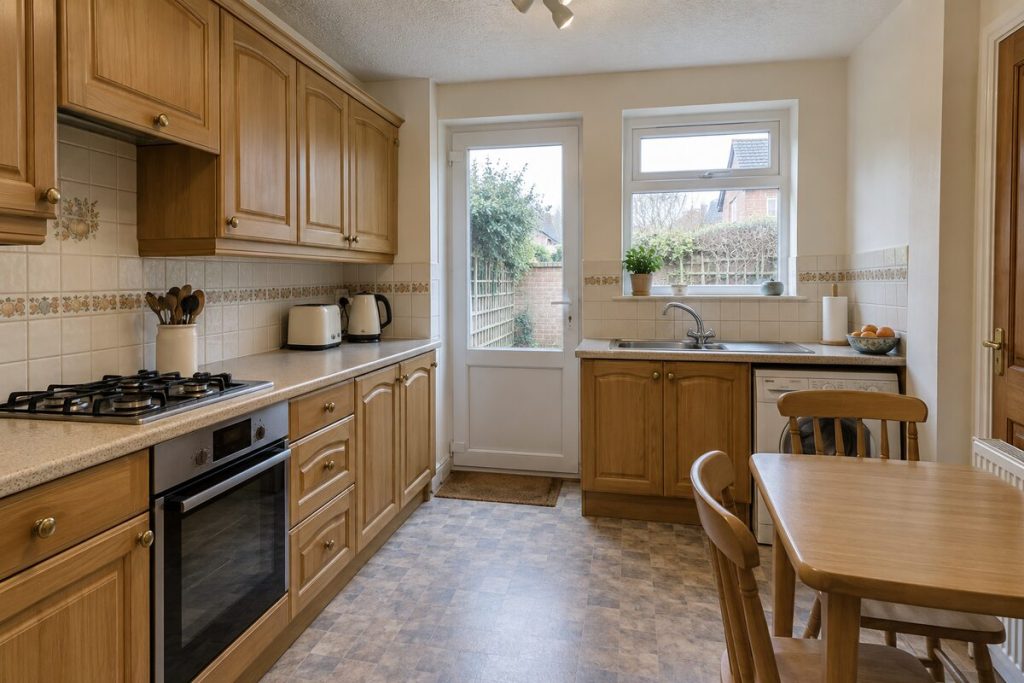 Kitchen in a dated but clean Victorian terrace, magnolia walls and older kitchen