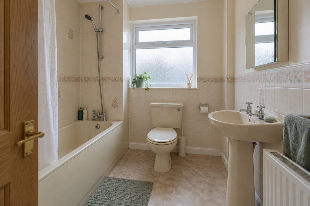 Bathroom in a dated but clean Victorian terrace, magnolia walls and older kitchen