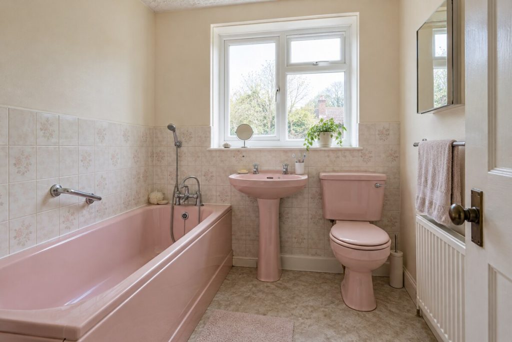 Bathroom in a dated but clean 1930s semi, magnolia walls and original kitchen
