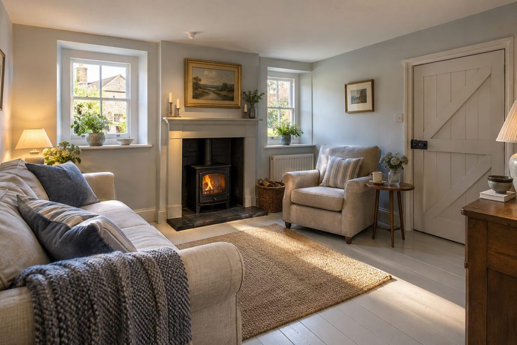 Living room in a Georgian cottage, painted boards and low sash windows