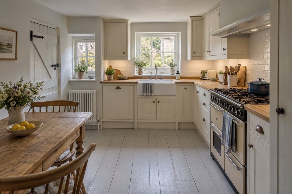 Kitchen in a Georgian cottage, painted boards and low sash windows