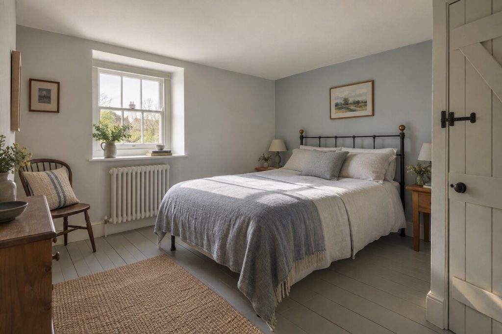 Bedroom in a Georgian cottage, painted boards and low sash windows