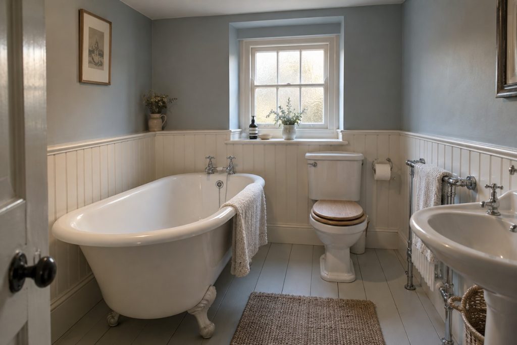 Bathroom in a Georgian cottage, painted boards and low sash windows