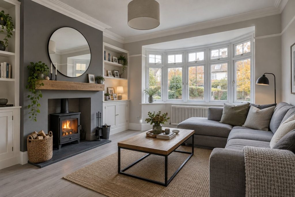 Living room in a updated 1930s semi, modern grey finish