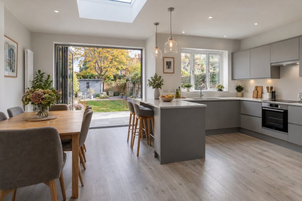 Kitchen in a updated 1930s semi, modern grey finish