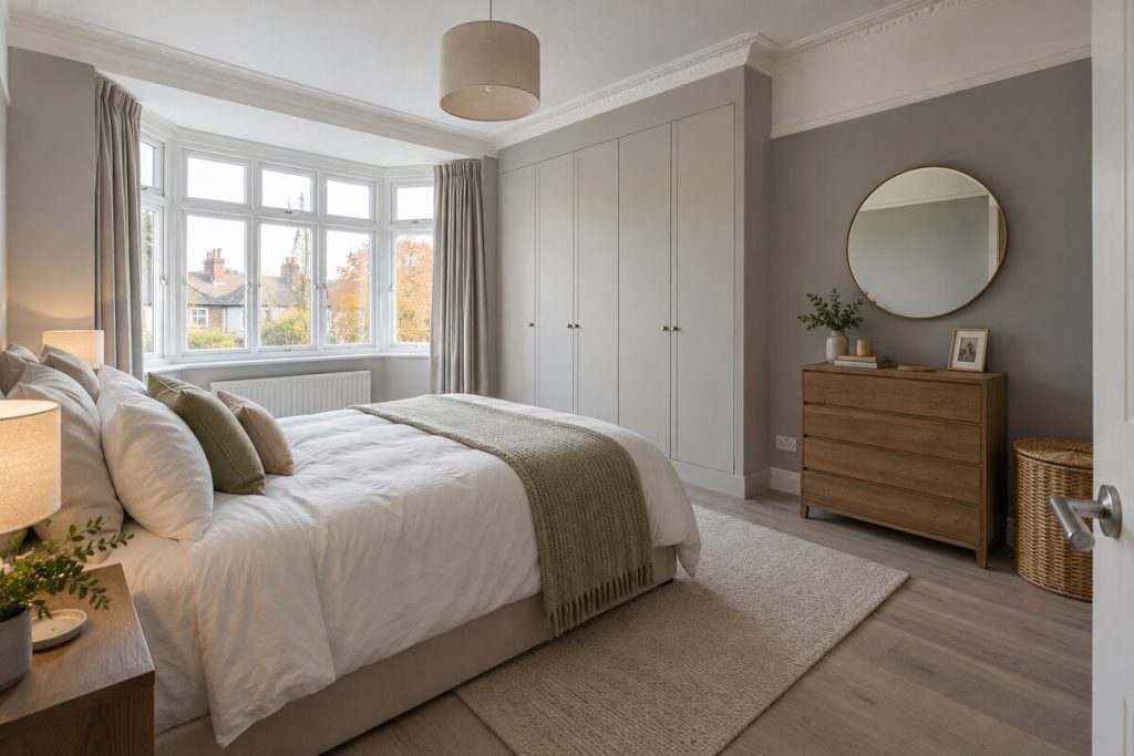 Bedroom in a updated 1930s semi, modern grey finish