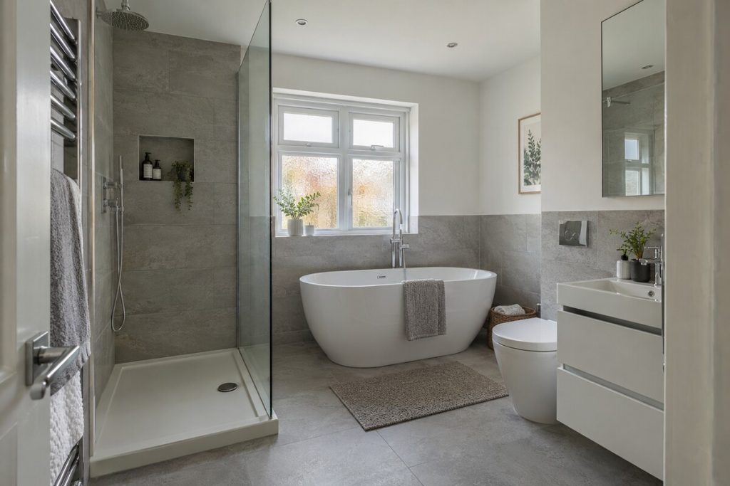 Bathroom in a updated 1930s semi, modern grey finish