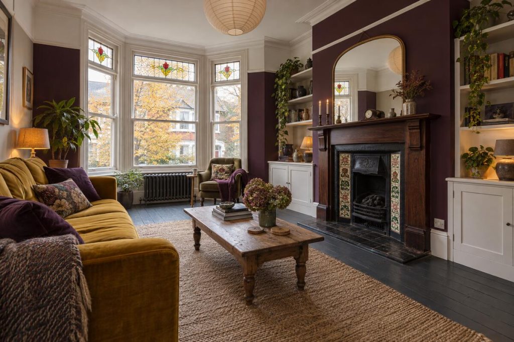Living room in a Edwardian terrace, bold colours and original tiles, low autumn light