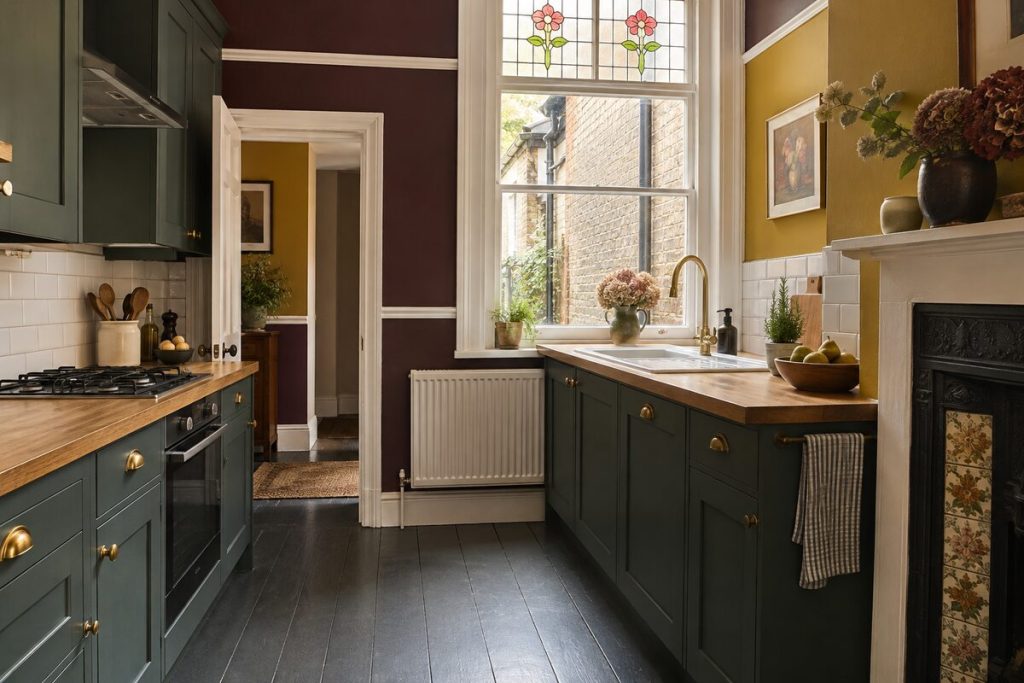Kitchen in a Edwardian terrace, bold colours and original tiles, low autumn light