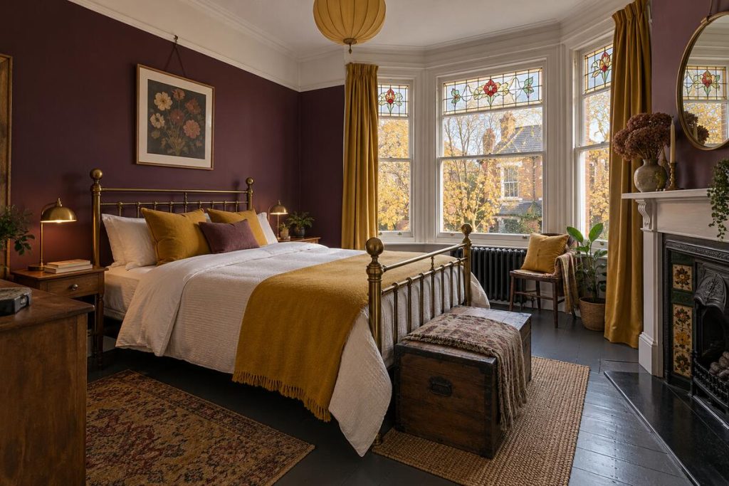 Bedroom in a Edwardian terrace, bold colours and original tiles, low autumn light
