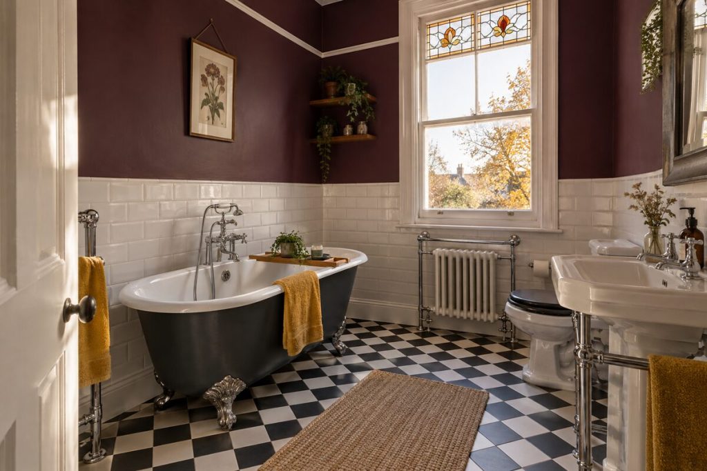 Bathroom in a Edwardian terrace, bold colours and original tiles, low autumn light