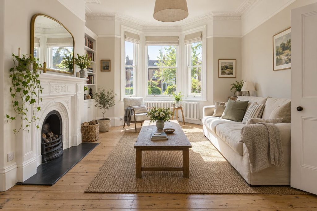 Living room in a Edwardian terrace, restored in neutral colours, sunny summer