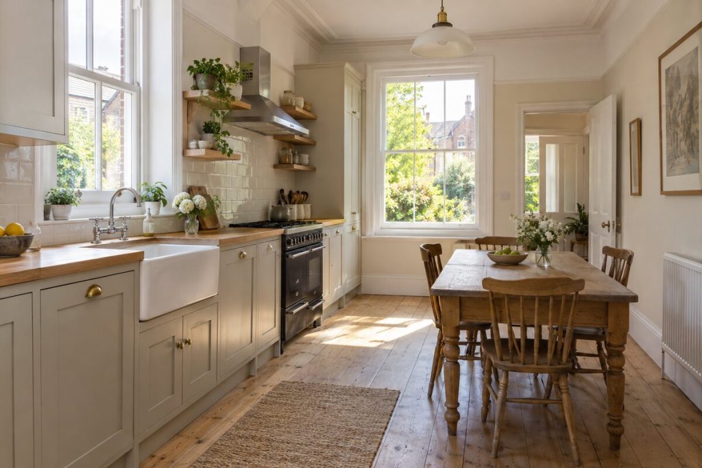 Kitchen in a Edwardian terrace, restored in neutral colours, sunny summer