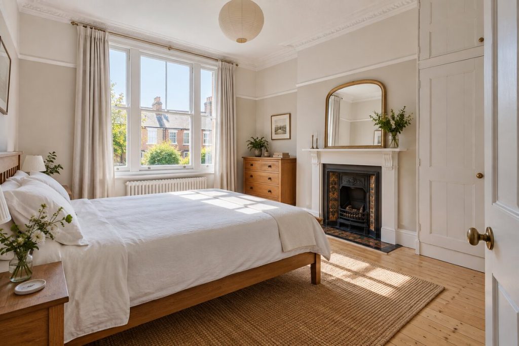 Bedroom in a Edwardian terrace, restored in neutral colours, sunny summer