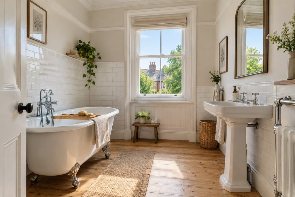 Bathroom in a Edwardian terrace, restored in neutral colours, sunny summer