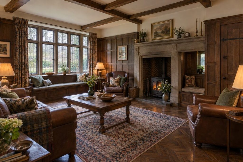 Living room in a Arts and Crafts house, oak panelling and leaded windows