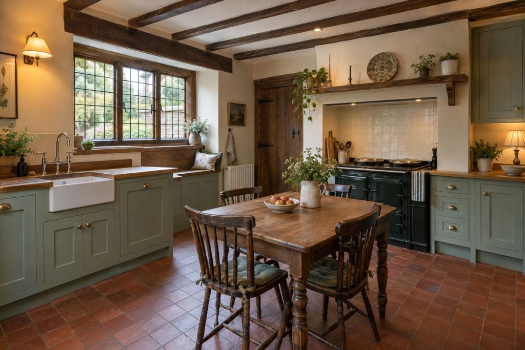 Kitchen in a Arts and Crafts house, oak panelling and leaded windows