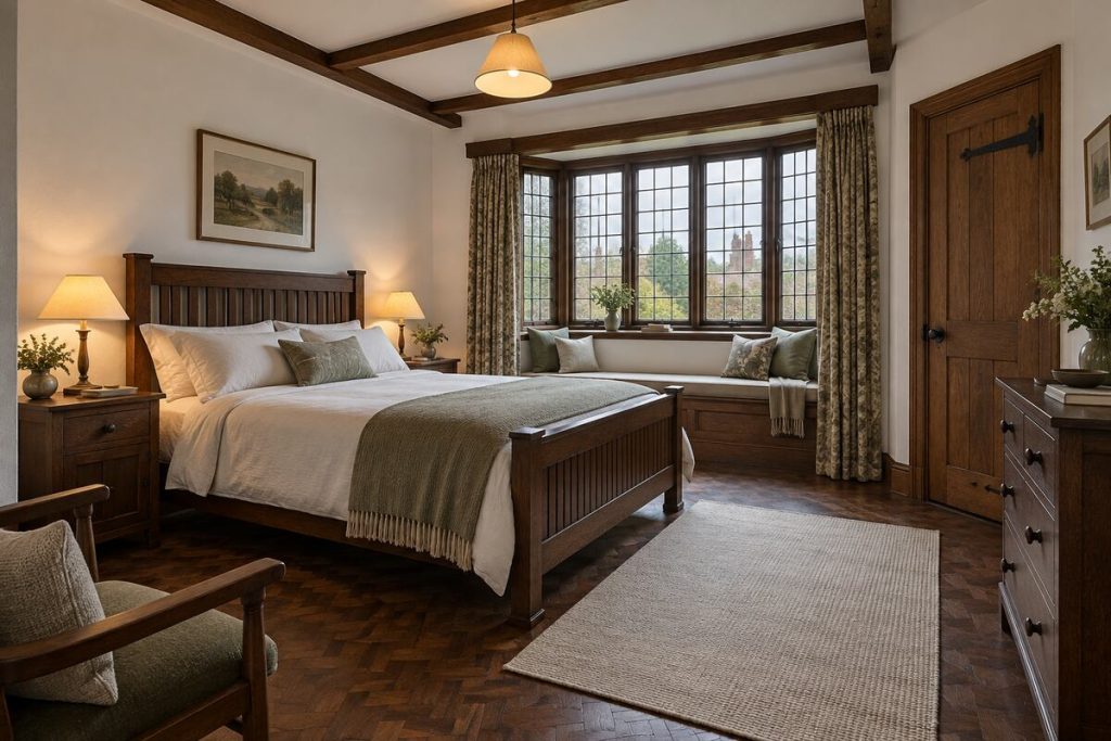 Bedroom in a Arts and Crafts house, oak panelling and leaded windows