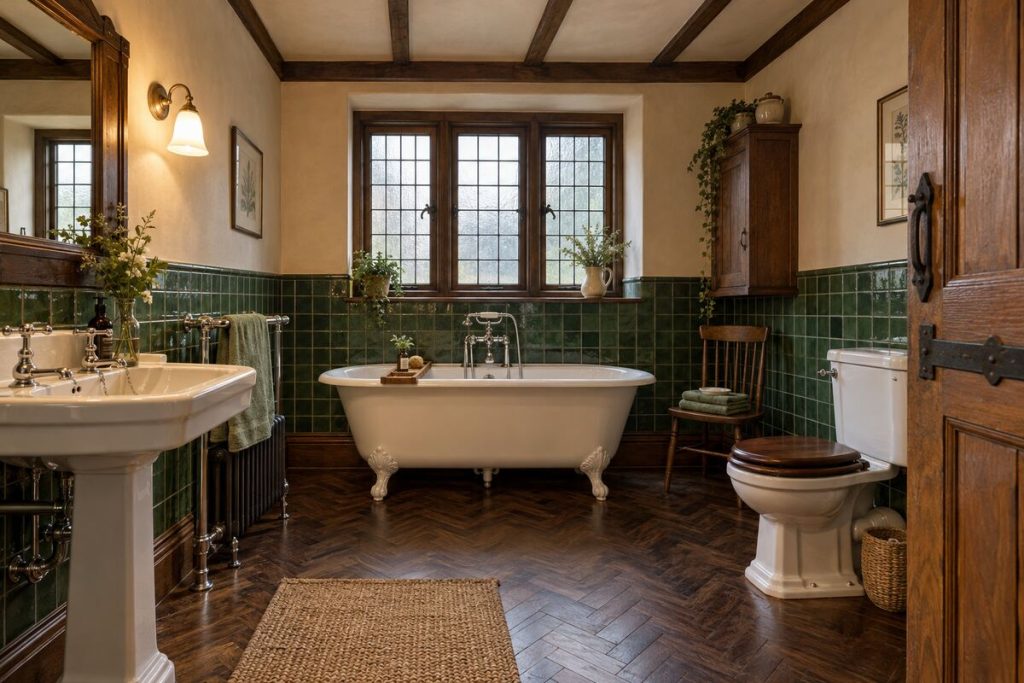 Bathroom in a Arts and Crafts house, oak panelling and leaded windows