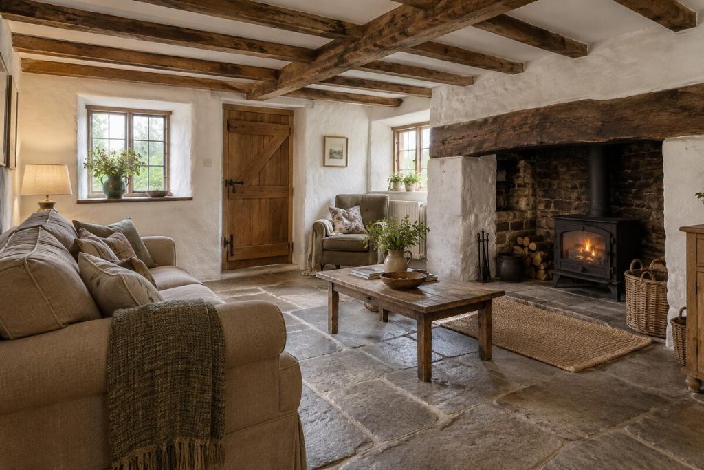 Living room in a farmhouse kitchen with an Aga, flagstones, and cottage rooms