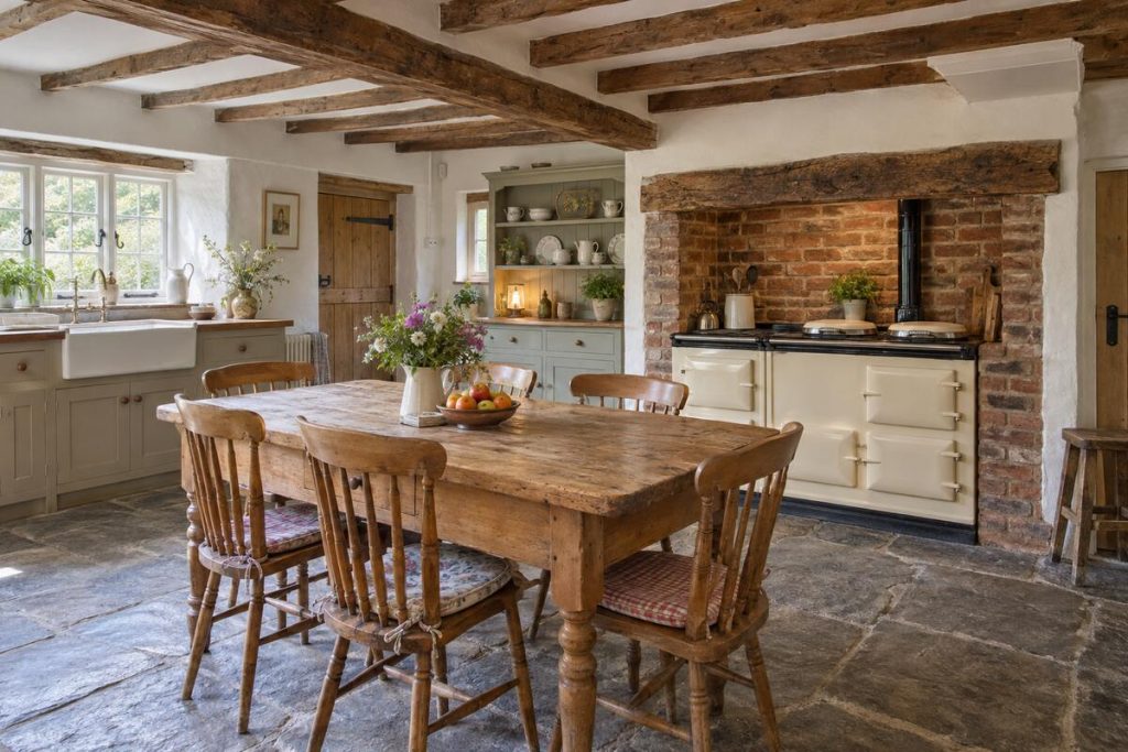 Kitchen in a farmhouse kitchen with an Aga, flagstones, and cottage rooms