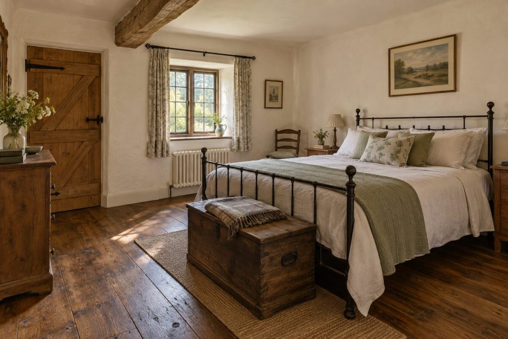 Bedroom in a farmhouse kitchen with an Aga, flagstones, and cottage rooms
