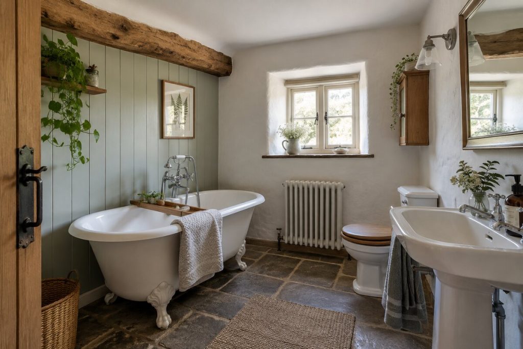 Bathroom in a farmhouse kitchen with an Aga, flagstones, and cottage rooms