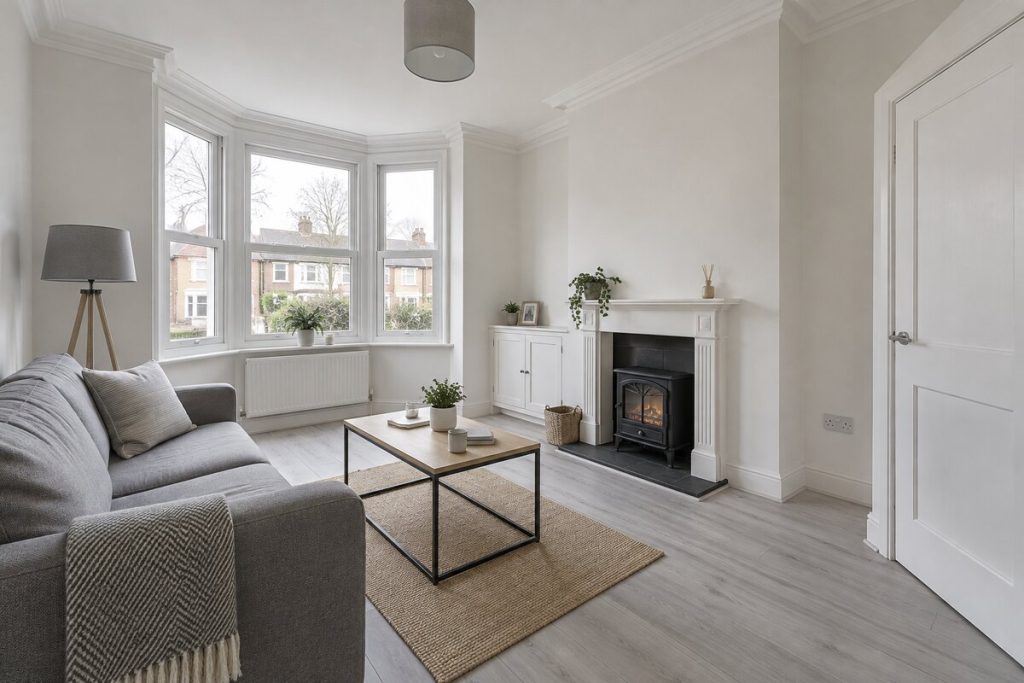 Living room in a Victorian semi, budget refurb in white and grey, winter