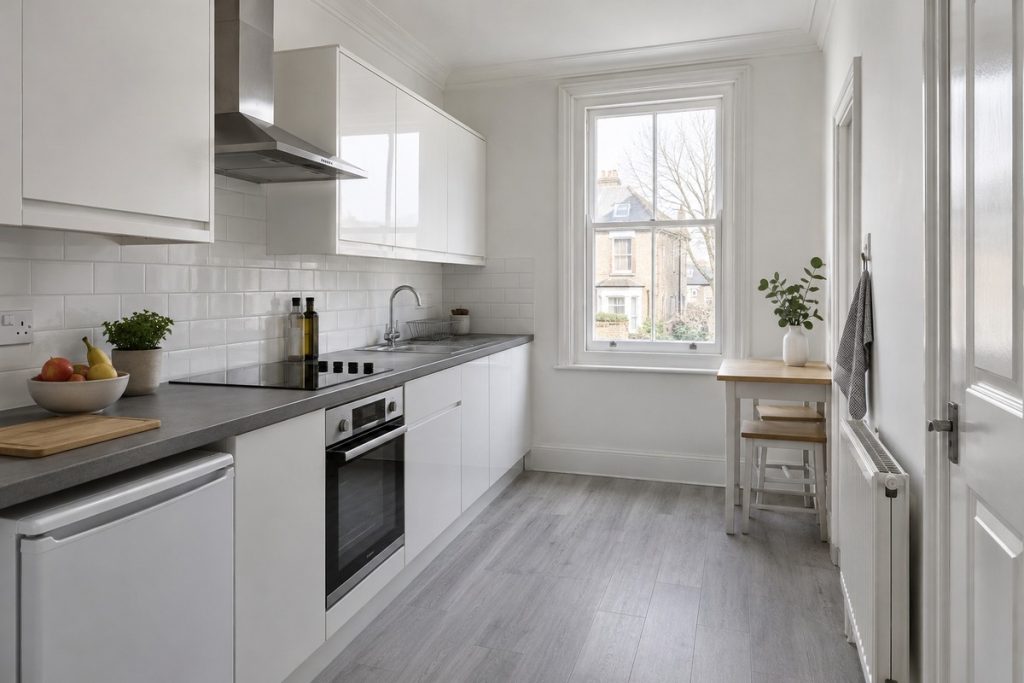 Kitchen in a Victorian semi, budget refurb in white and grey, winter