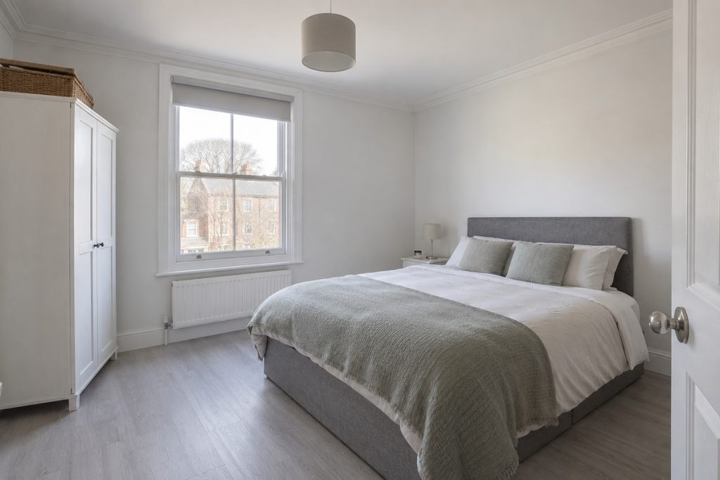 Bedroom in a Victorian semi, budget refurb in white and grey, winter