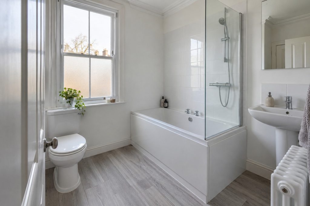 Bathroom in a Victorian semi, budget refurb in white and grey, winter