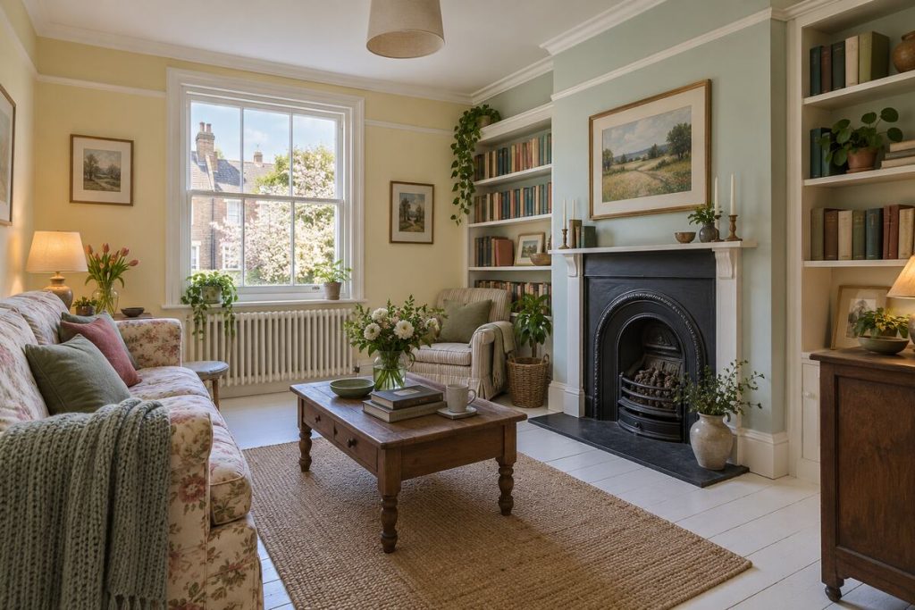 Living room in a Victorian terrace, cottagey and cluttered, spring light