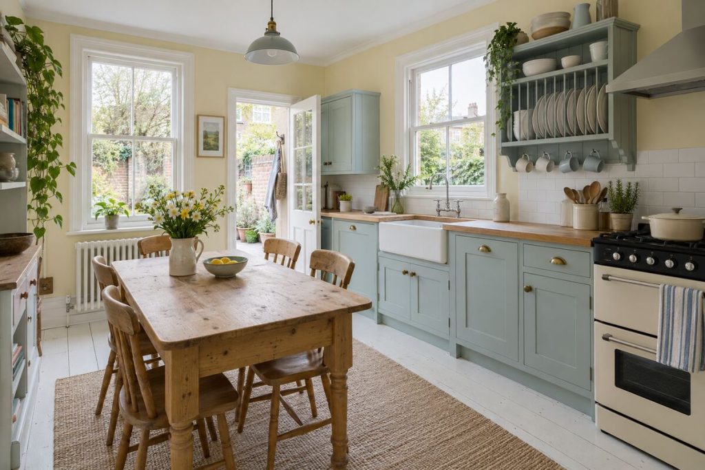 Kitchen in a Victorian terrace, cottagey and cluttered, spring light