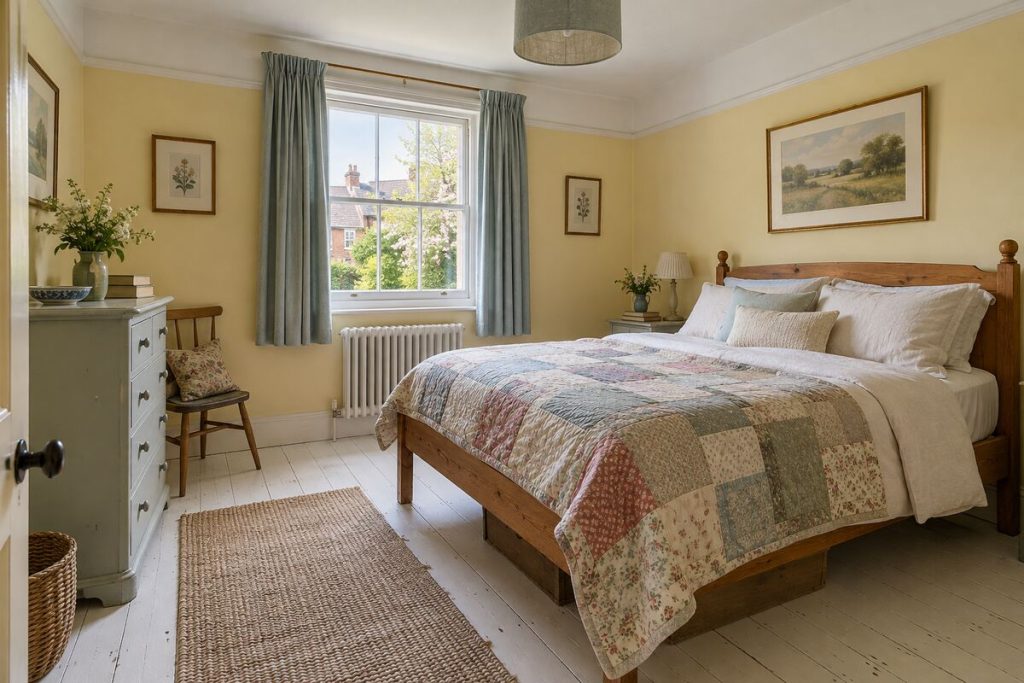 Bedroom in a Victorian terrace, cottagey and cluttered, spring light