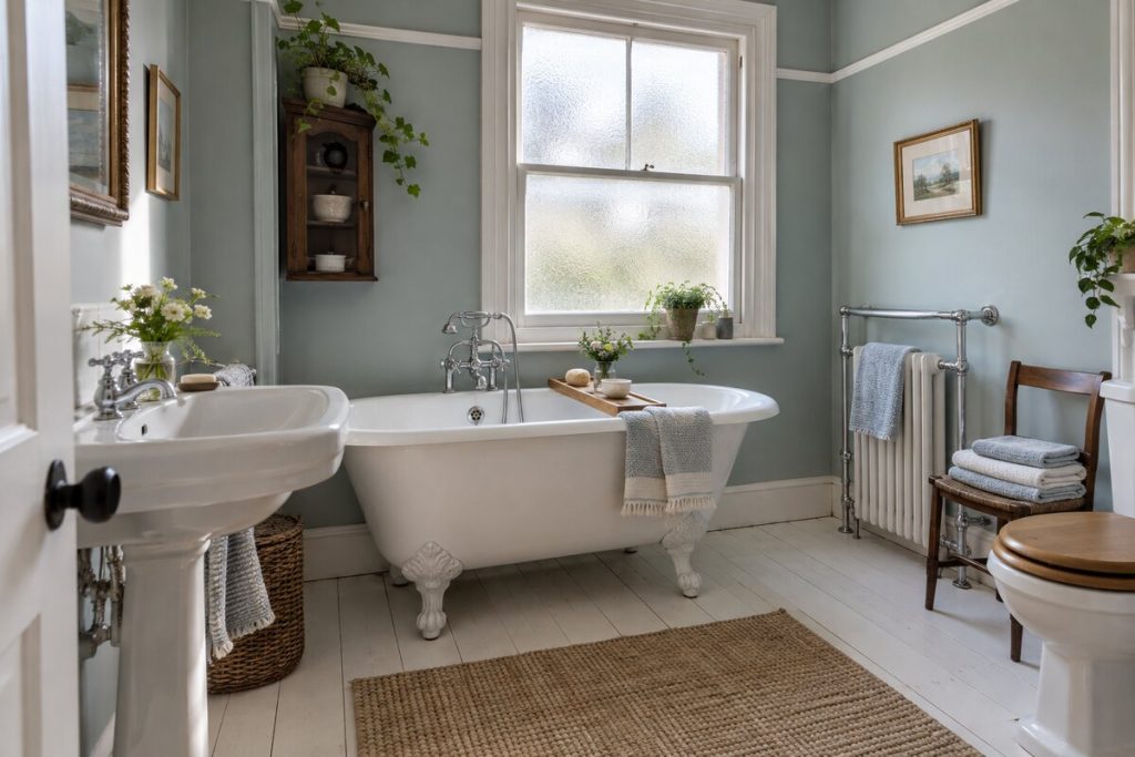 Bathroom in a Victorian terrace, cottagey and cluttered, spring light