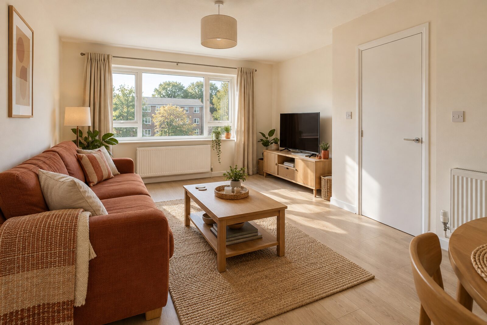 Living room in a refurbished 1960s low-rise flat, terracotta and cream, morning light