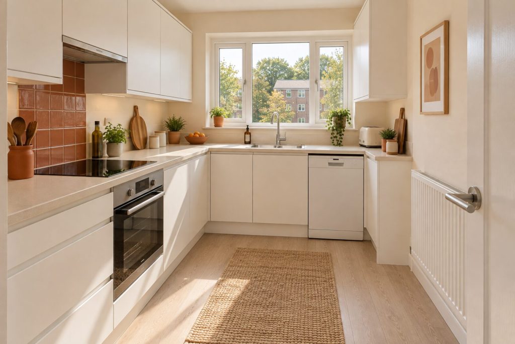 Kitchen in a refurbished 1960s low-rise flat, terracotta and cream, morning light