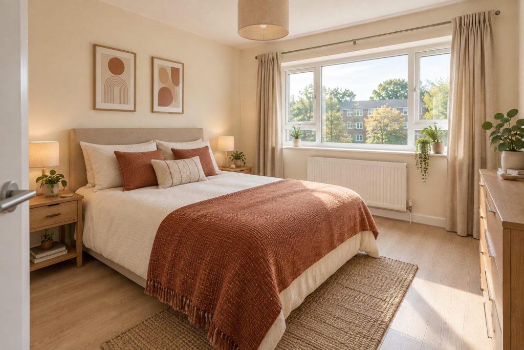 Bedroom in a refurbished 1960s low-rise flat, terracotta and cream, morning light