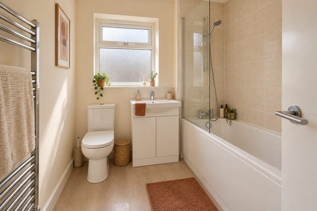 Bathroom in a refurbished 1960s low-rise flat, terracotta and cream, morning light