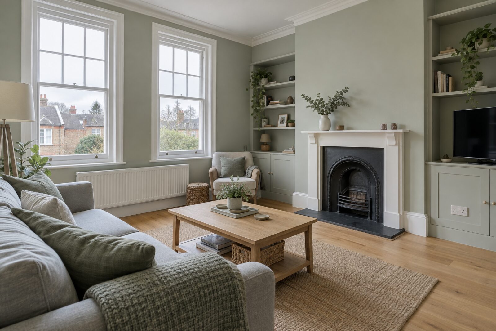 Living room in a first-floor flat in a converted Edwardian house, pale grey-green, overcast light