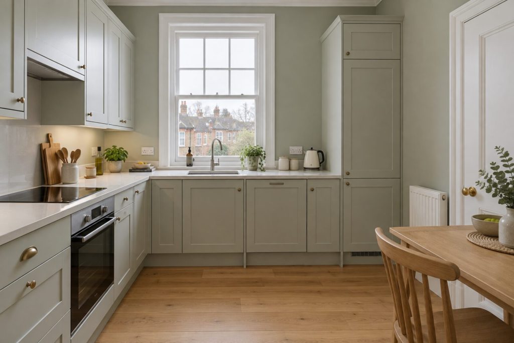 Kitchen in a first-floor flat in a converted Edwardian house, pale grey-green, overcast light