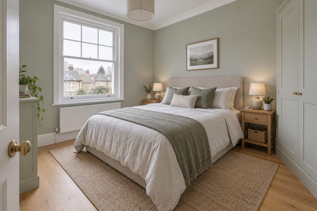 Bedroom in a first-floor flat in a converted Edwardian house, pale grey-green, overcast light