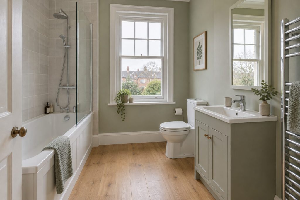 Bathroom in a first-floor flat in a converted Edwardian house, pale grey-green, overcast light