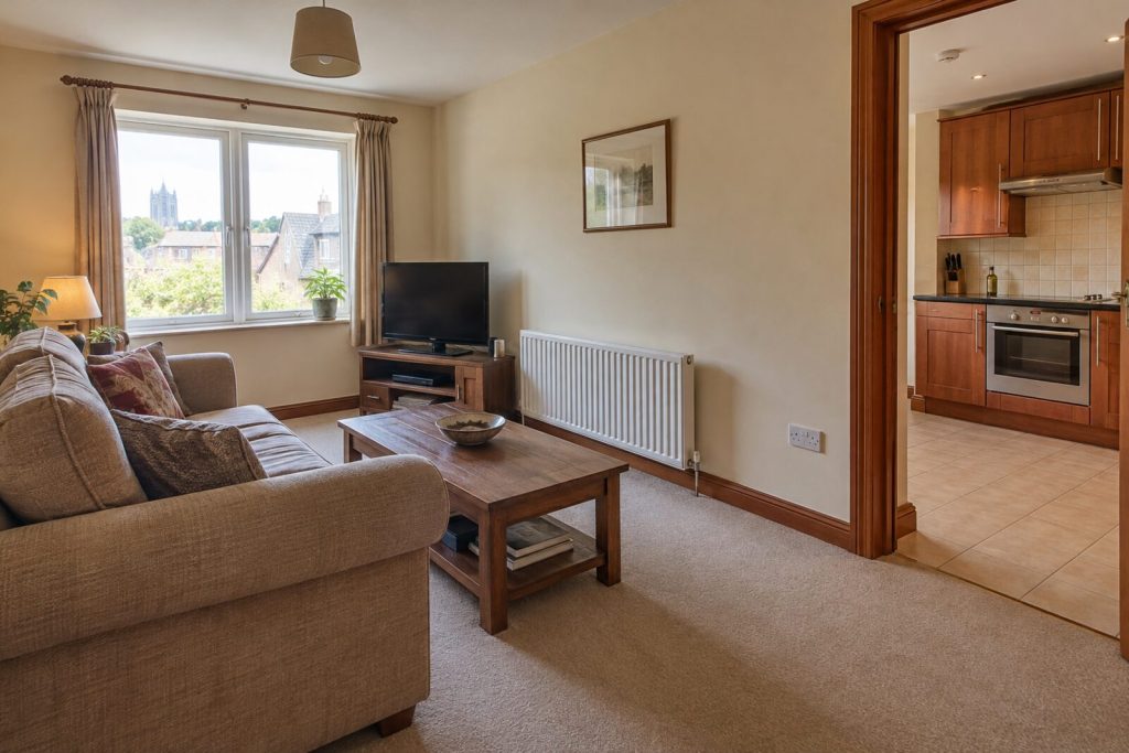 Living room in a 2000s town-centre flat with a cherry-wood kitchen, afternoon light