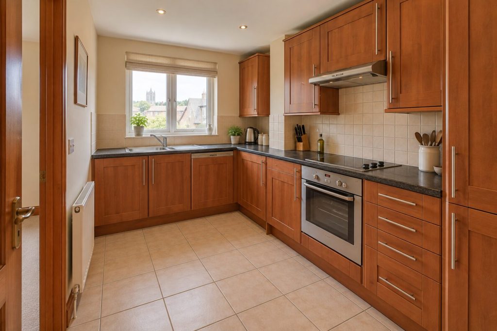 Kitchen in a 2000s town-centre flat with a cherry-wood kitchen, afternoon light